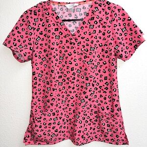 Women's XS Code Happy Hot Pink Cheetah Print Ladybugs Pattern Scrub Top EUC